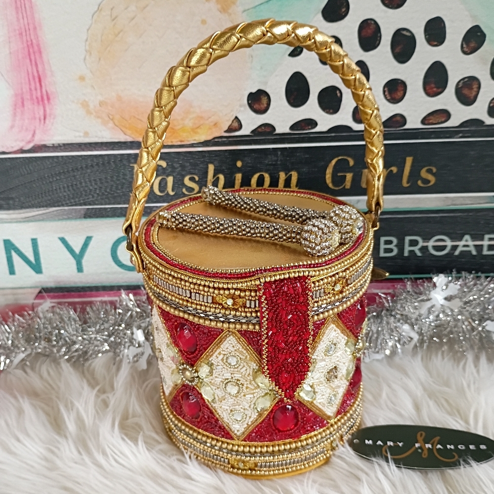 Mary Frances Don't Miss A Beat Beaded Red Christmas Holiday Drum Bag